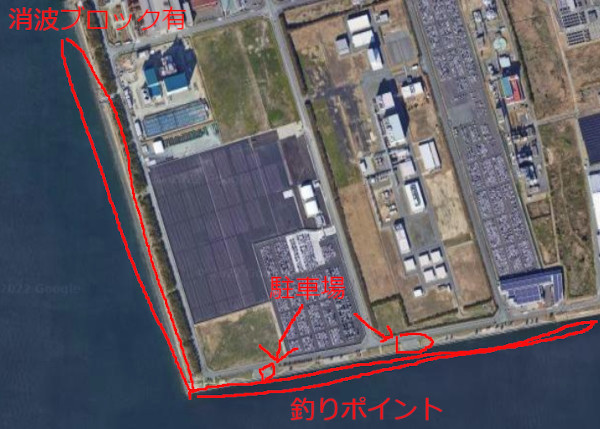 豊川浄化センター埋め立て地公園の釣りポイント航空写真