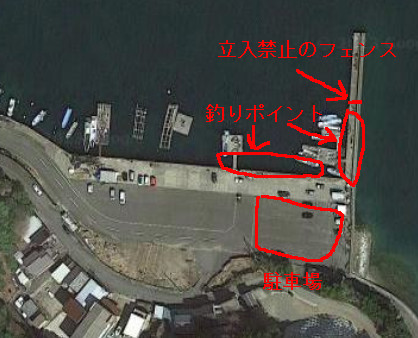 神前漁港の釣りポイント航空写真