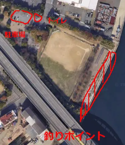泉大津花市場公園の釣りポイント航空写真